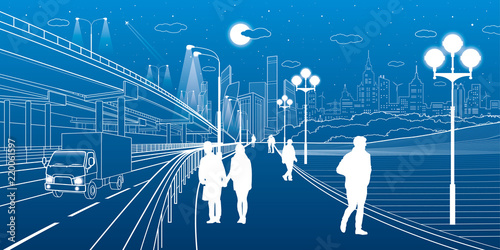 Urban scene. Car interchange. People walk along the sidewalk. Modern night city on background. Vector design art