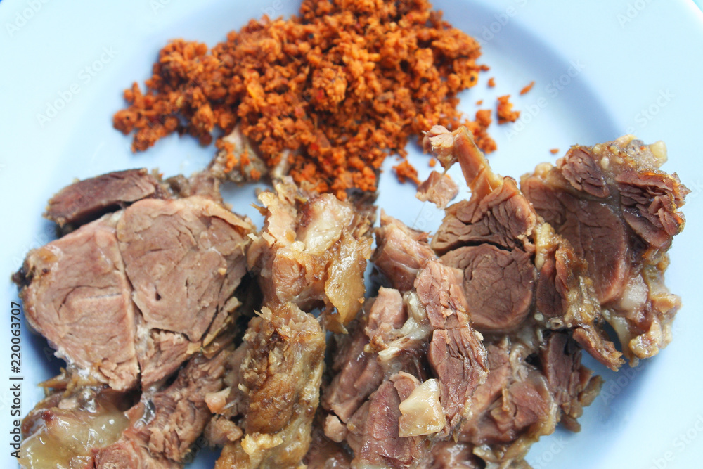Top view steamed beef with galangal chili paste top view Top view steamed beef with galangal chili paste top view
