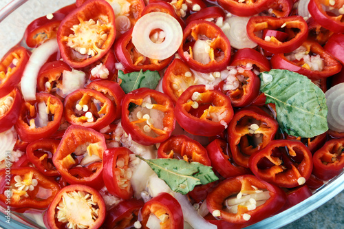 Slices Red hot chilli pepper, garlic, onion, salt and vinegar Fresh organic vegetables for salad.