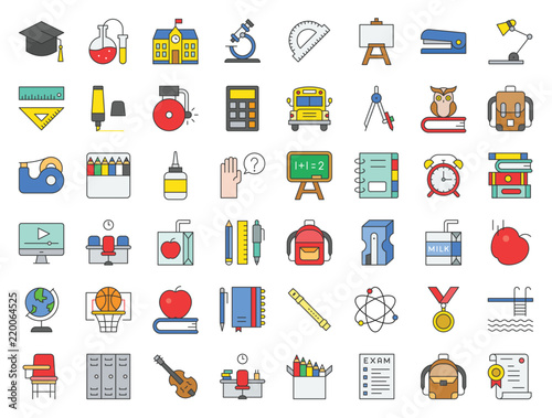 school and education related icon set filled outline design such as school bus, sharpener, chalkboard, owl, stack of books, staple, swimming pool, alarm clock
