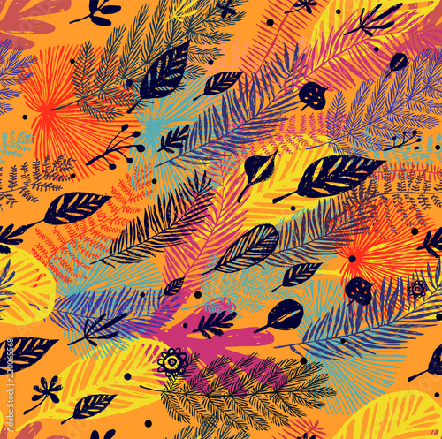 autumn Seamless trendy pattern, leaves on orange background. Vector botanical...