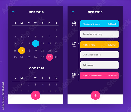 Calendar Application template With To Do List and Tasks UI UX. Design For Mobile Phone. To Do App. Event Calendar Application in purple color. EPS 10