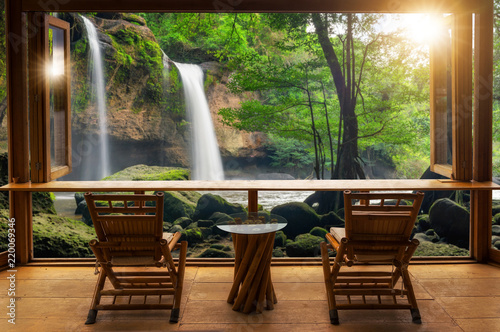 Cafe bar and waterfall view.