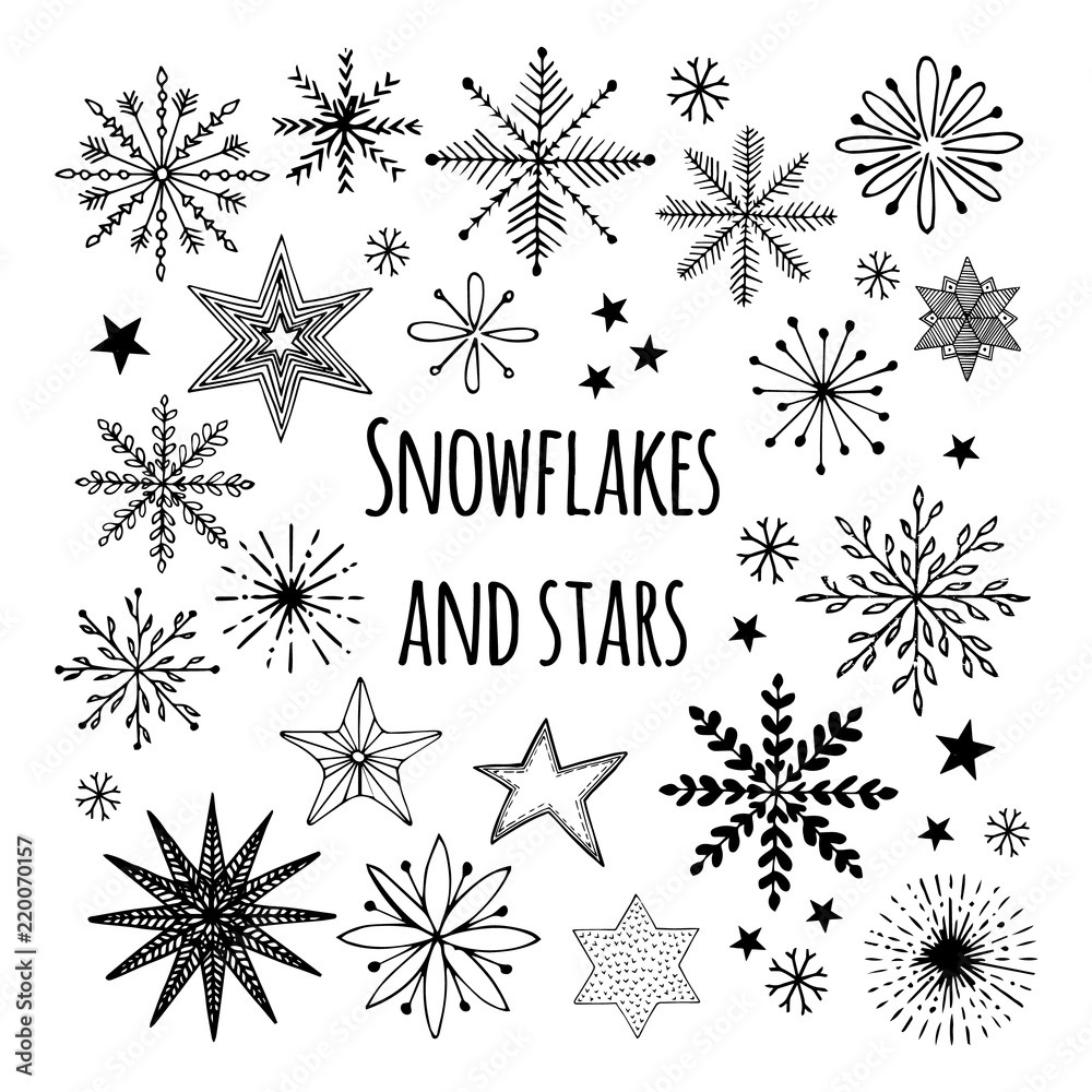 Hand drawn vector snowflakes and stars. Ornate ink elements. Set of Christmas doodles.
