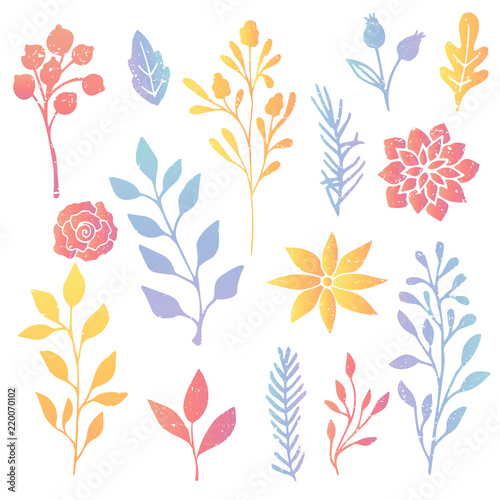 Set of fancy flowers, leaves, branches. Flat design icons. 