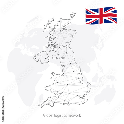 Global logistics network concept. Communications network map United Kingdom of Great Britain and Ireland on the world background. Map of Great Britain with nodes in polygonal style and flag.