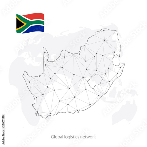 Global logistics network concept. Communications network map South Africa and Ireland on the world background. Map of South Africa with nodes in polygonal style and flag. Vector illustration EPS10. 