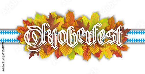 Herbstlaub mit dem Wort Oktoberfest und blauwei  en bayrischen Band
