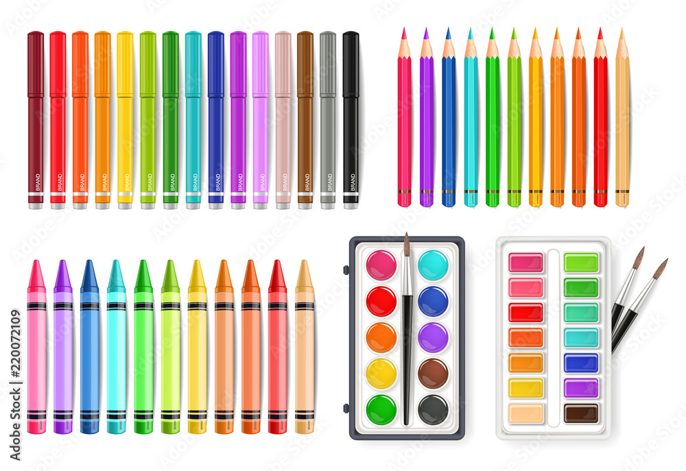 Colorful pen, marker and watercolor palette tools set Vector realistics - obrazy, fototapety, plakaty 