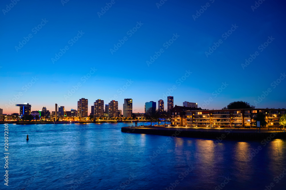 Naklejka premium Rotterdam cityscape with Noordereiland at night, Netherlands