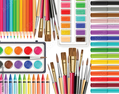 Drawing tools Vector realistic top view. Brush, watercolor palette, pencils, crayons. Detailed 3d illustrations