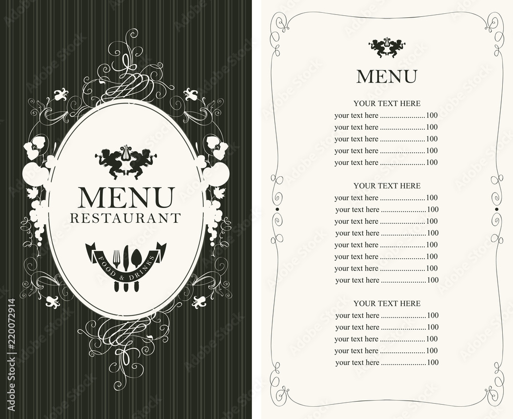 Vector menu for restaurant or cafe with floral ornaments and price list in Baroque style on striped background Vector menu for restaurant or cafe with floral ornaments and price list in Baroque style on striped background