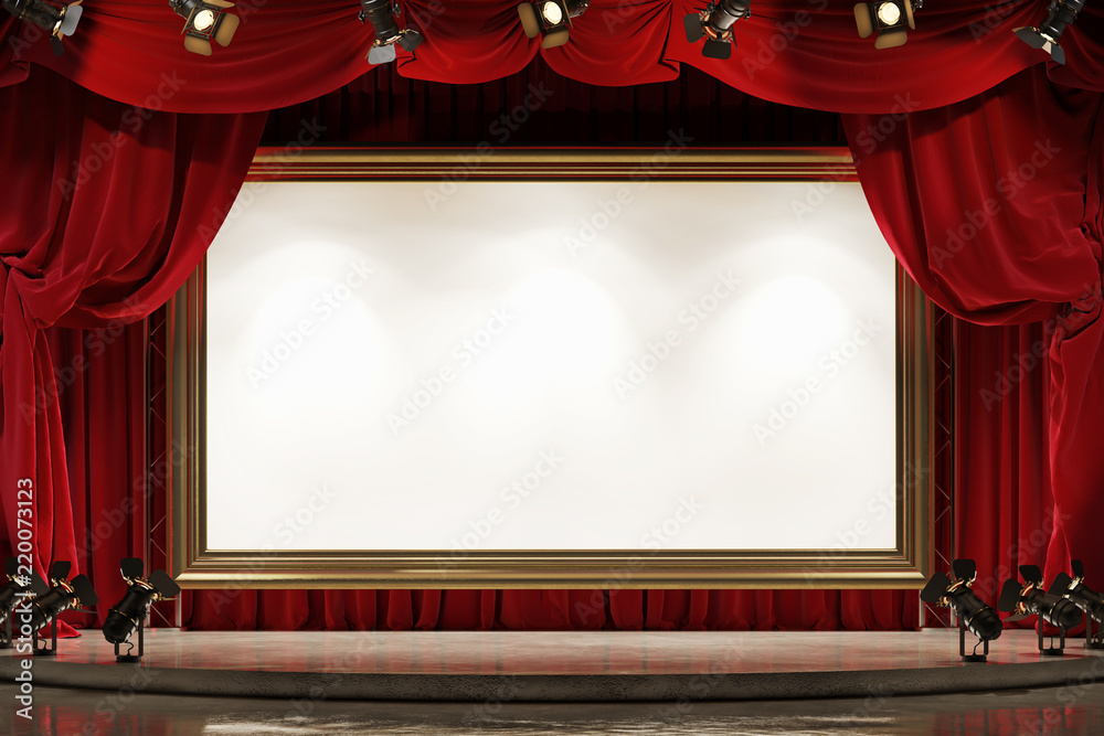 A large picture frame on the theater stage with red velvet curtains