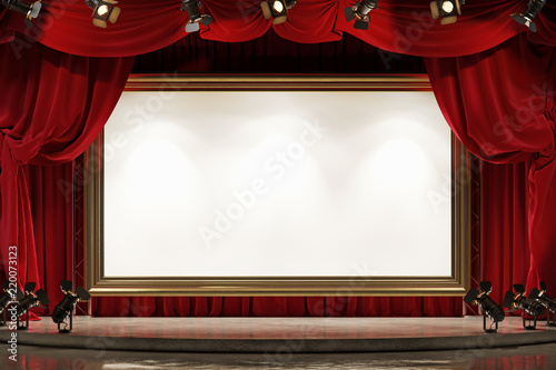 A large picture frame on the theater stage with red velvet curtains. Space for text. 