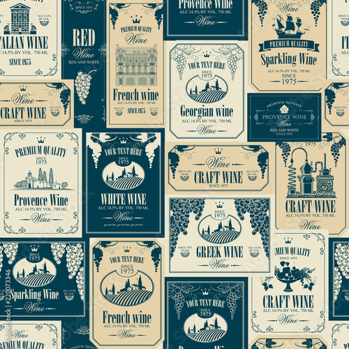 Vector seamless pattern on the theme of wine with various wine labels with images of grapes, landscapes, winery, castles, sailboats, fruits and other in retro style