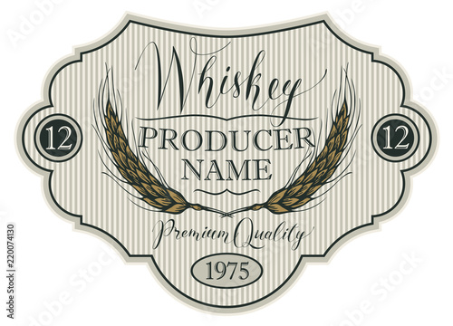 Vector label for whiskey in the figured frame with crown, ears of barley and handwritten inscription on striped background in retro style