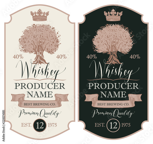 Set of two vector labels for whiskey premium quality in the figured frame with oak tree, crown, ribbon and handwritten inscriptions in retro style