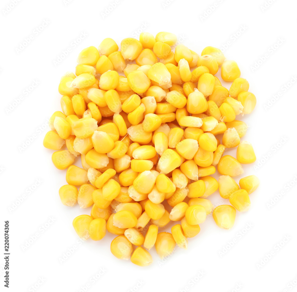 Pile of tasty corn kernels on white background Pile of tasty corn kernels on white background