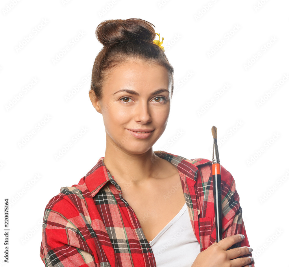 Female artist with brush on white background Female artist with brush on white background