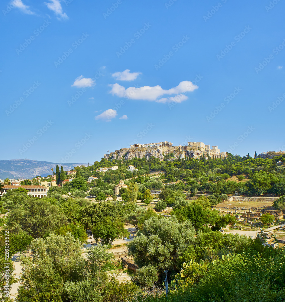 Fototapeta premium North slope of the Athenian Acropolis. View from the ancient Agora of Athens. Attica region, Greece.