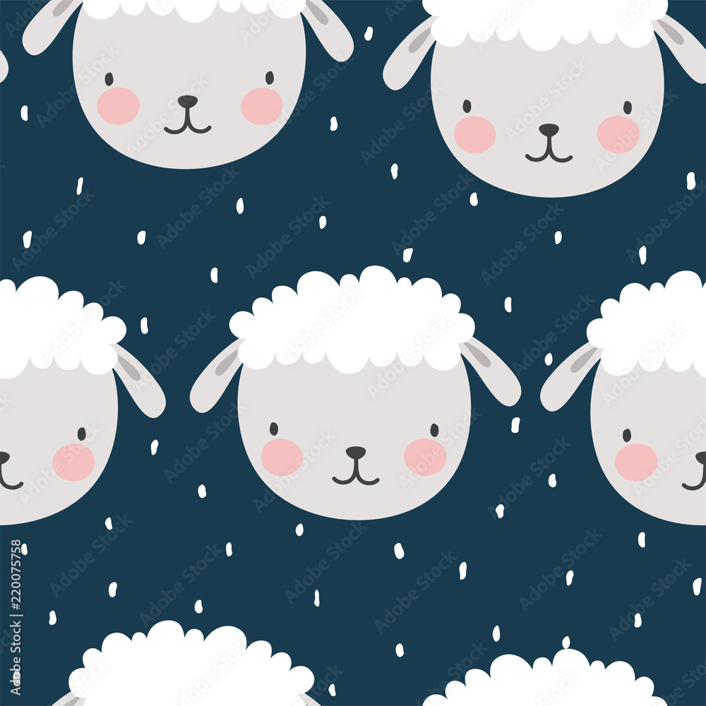 Cute Cartoon Sheep Seamless Pattern Background, Illustration Vector
