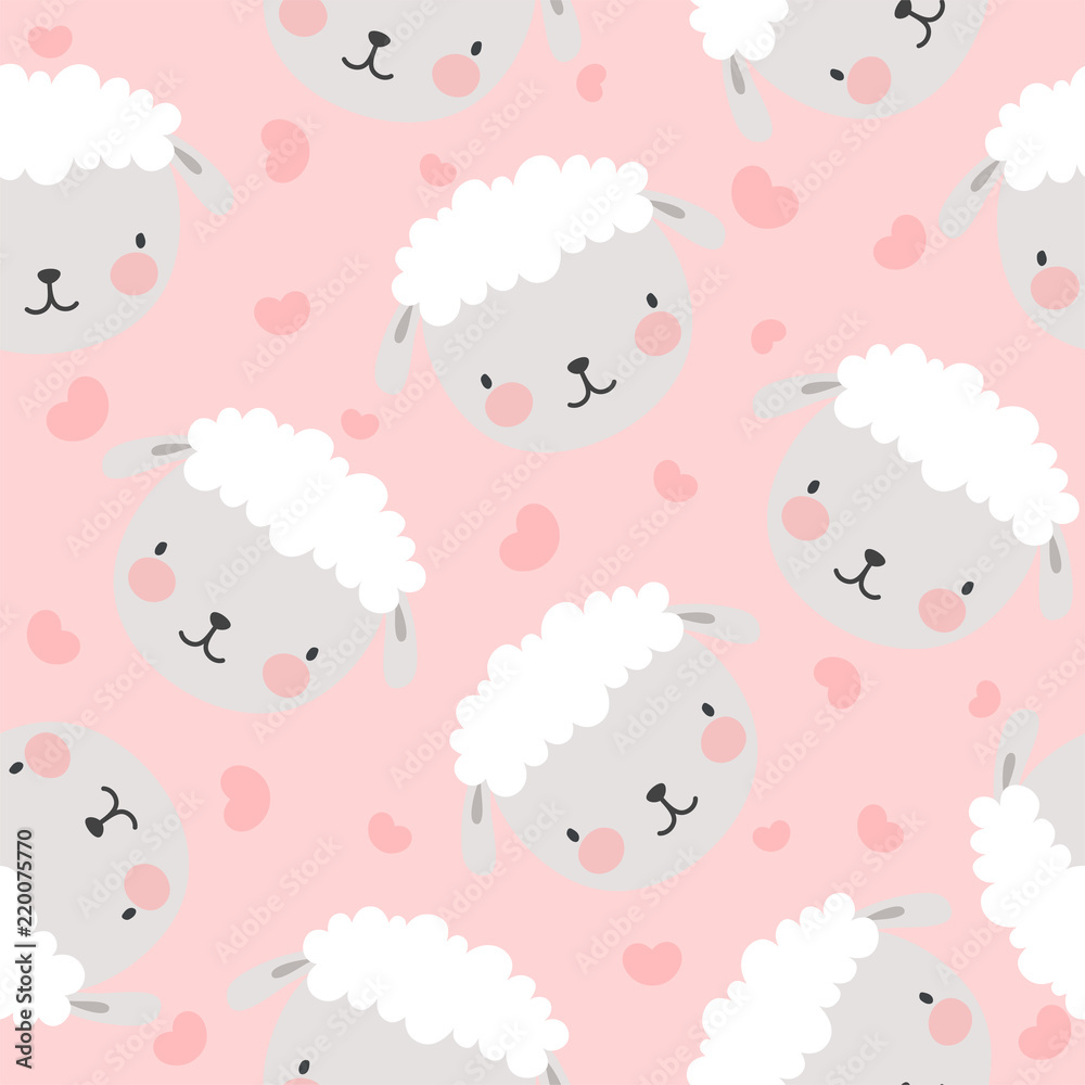 Cute Cartoon Sheep Seamless Pattern Background, Illustration Vector