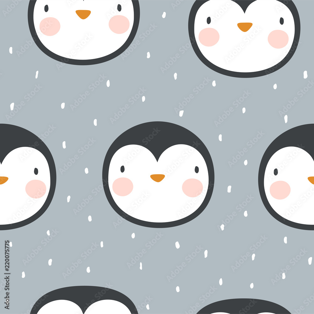 Cute Penguin with Snow Cartoon Seamless Pattern, Winter Animal Background, Christmas Vector illustration