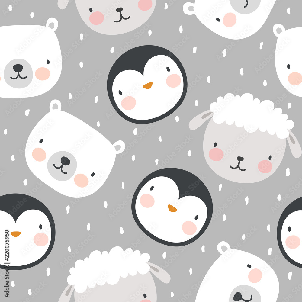 Animal Pattern, Penguin Sheep and Bear Seamless Background, Vector illustration