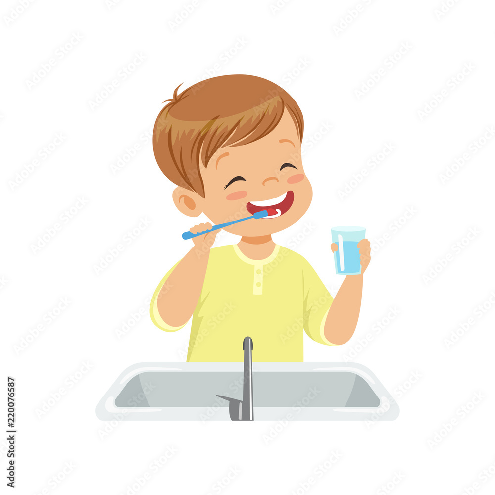 Boy brushing his teeth and rinsing with water, kid caring for teeth in bathroom vector Illustration on a white background Boy brushing his teeth and rinsing with water, kid caring for teeth in bathroom vector Illustration on a white background