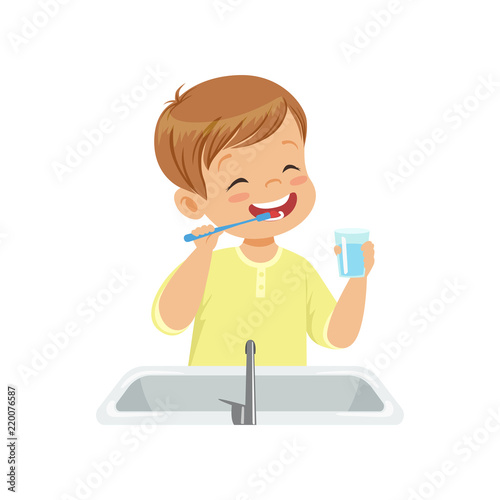 Boy brushing his teeth and rinsing with water, kid caring for teeth in bathroom vector Illustration on a white background