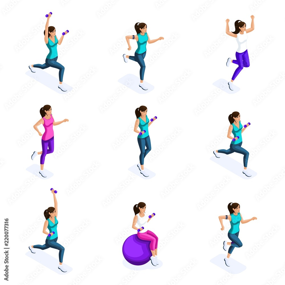 Isometry of a girl doing sports, sports figure, gymnastics, fitness, a healthy lifestyle. Set of 3d characters