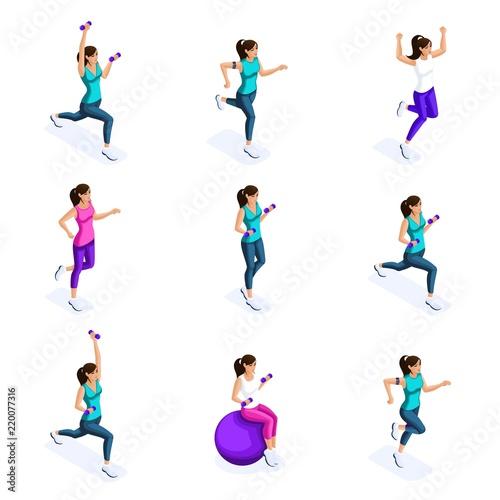 Isometry of a girl doing sports  sports figure  gymnastics  fitness  a healthy lifestyle. Set of 3d characters