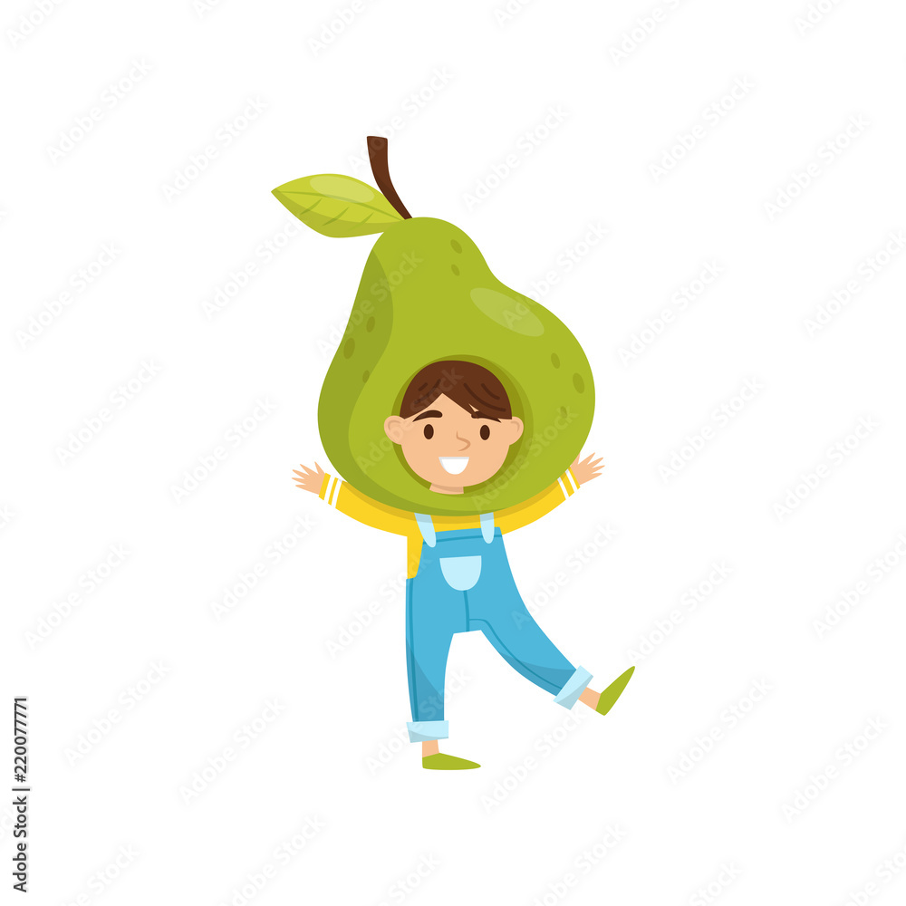 Cute little girl in fruit headwear. Adorable child dressed as green pear. Kid with cheerful face expression. Flat vector icon Cute little girl in fruit headwear. Adorable child dressed as green pear. Kid with cheerful face expression. Flat vector icon