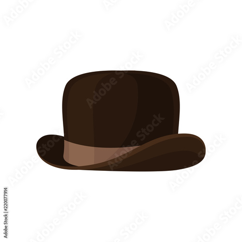 Elegant brown bowler hat. Vintage male headwear. Stylish men accessory. Isolated flat vector icon