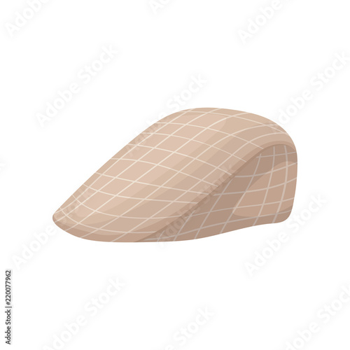 Vintage checkered beret cap with visor. Elegant peaked hat. Trendy men s headwear. Flat vector icon