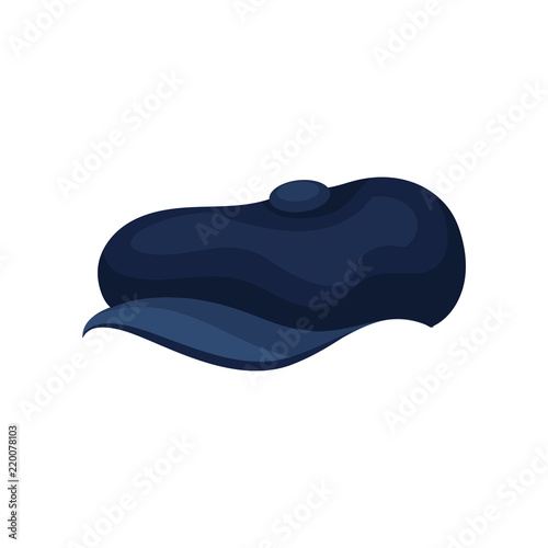 Flat vector icon of blue men s hat with short visor. Casual peaked cap. Stylish male headwear