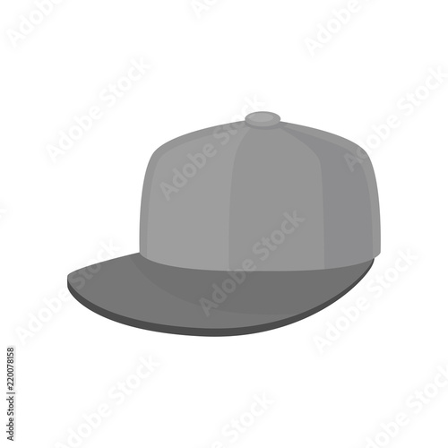 Flat vector icon of gray baseball cap. Hat with hard sun visor. Unisex headwear. Trendy accessory