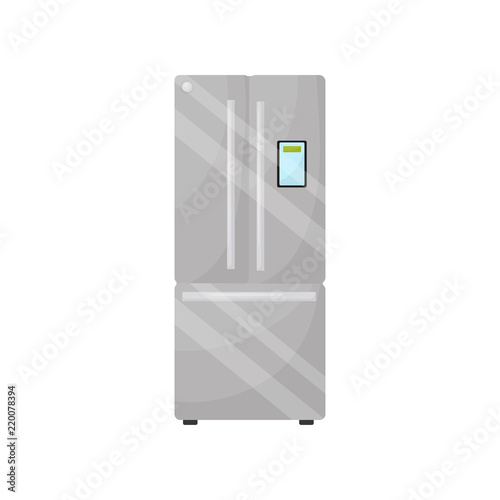 Modern silver refrigerator with freezer. Flat vector for advertising poster or banner of household appliance store