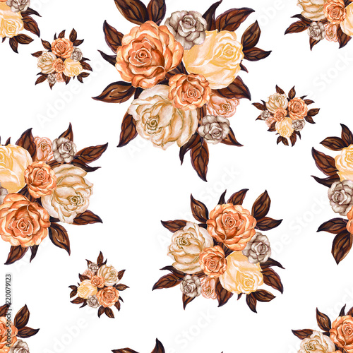 Watercolor gouache vintage rose seamless background pattern