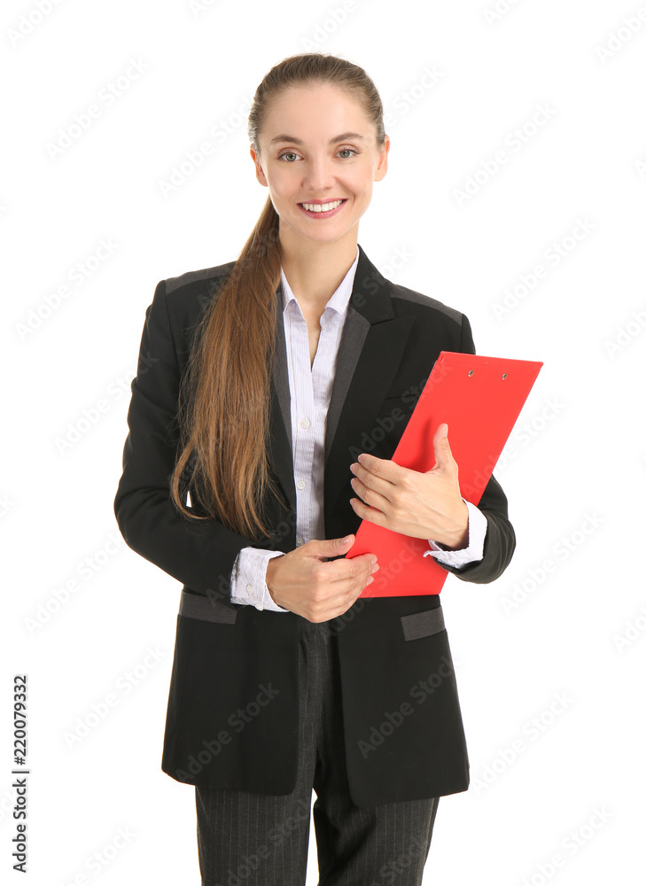 Beautiful businesswoman with clipboard on white background Beautiful businesswoman with clipboard on white background