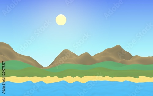 Sun Sea Beach. Noon. Ocean shore line with waves on a beach. Island beach paradise with waves. Vacation  summer  relaxation. Seascape  seashore. Minimalist landscape  primitivism. 3D illustration