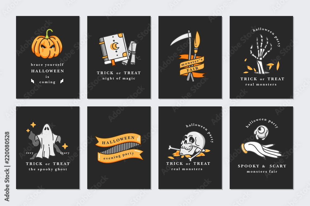 Vector illustration set of linear icons for Happy Halloween. Happy Halloween greeting cards on black background.