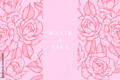Vintage card with rose flowers. Floral wreath. Flower frame for wedding invitation. Summer floral rose greeting card. Flowers background.