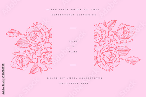 Vintage card with rose flowers. Floral wreath. Flower frame for wedding invitation. Summer floral rose greeting card. Flowers background.