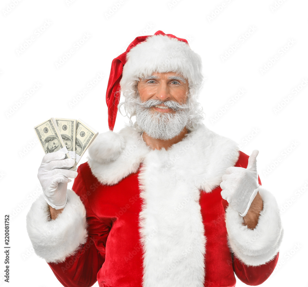 Santa Claus with dollar banknotes on white background Santa Claus with dollar banknotes on white background