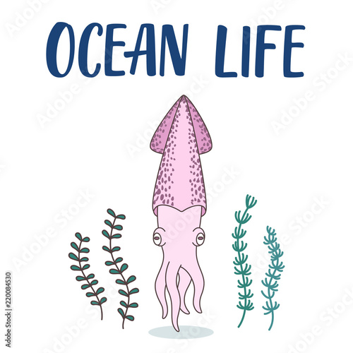 Cute squid cartoon illustration with seaweeds around.