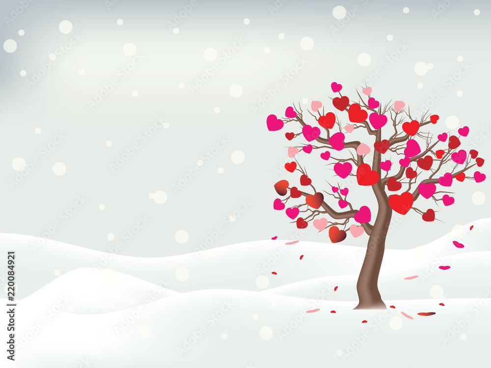 Tree of heart shape leaves on snow scene. Concept of love for valentine day. 
