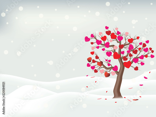 Tree of heart shape leaves on snow scene. Concept of love for valentine day. 
