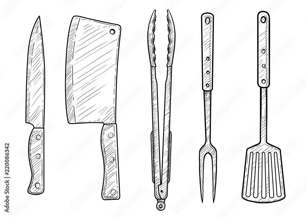 Knife, hatchet, spatula, fork, forceps, illustration, drawing