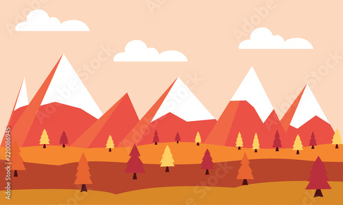 Flat vector landscape Illustration in autumn. Vector background with mountains and trees.